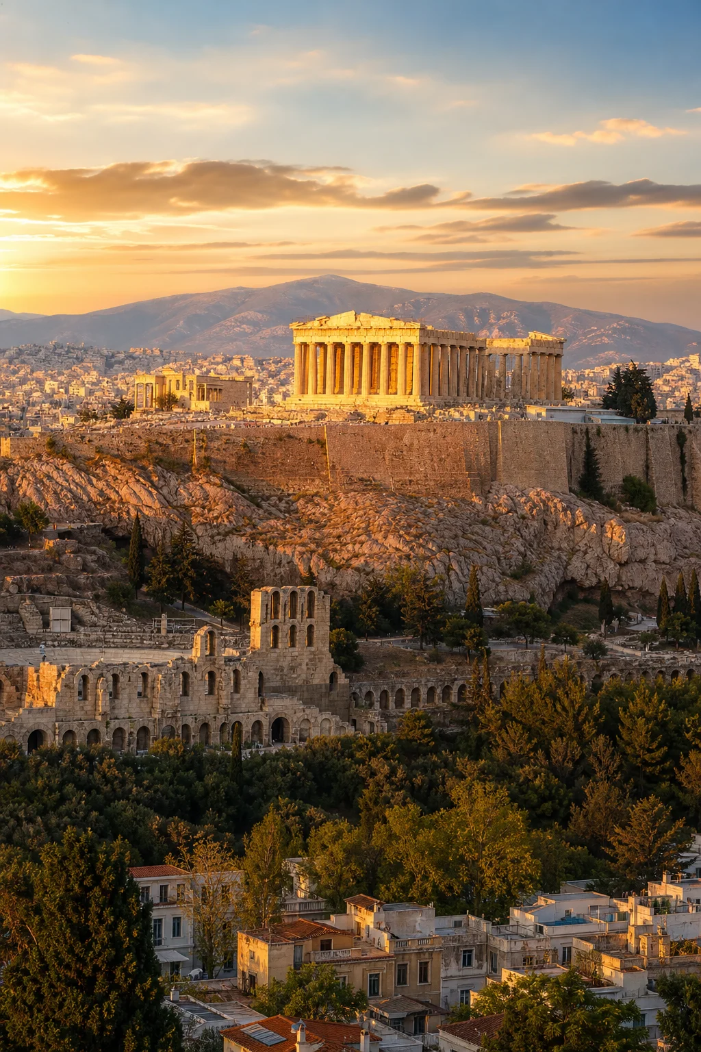 Athens skyline with the Acropolis at sunset