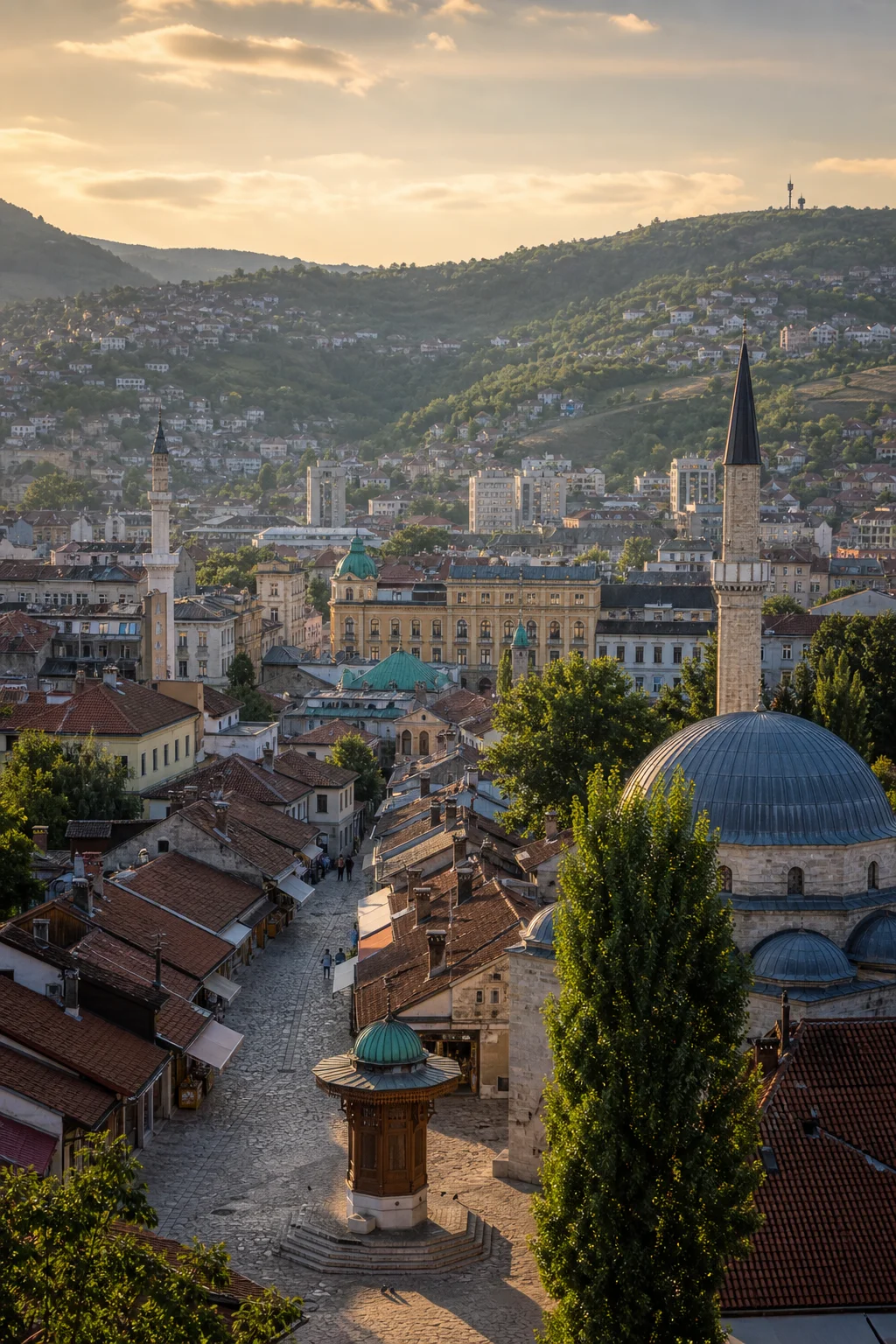 Sarajevo old town with minarets and hills
