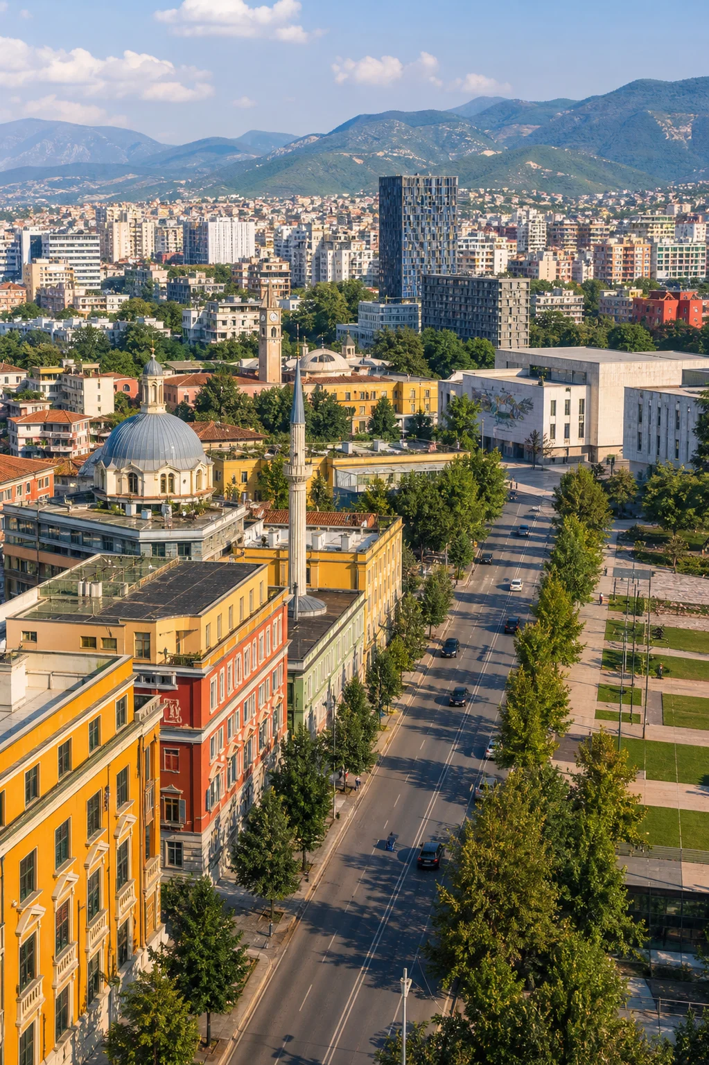 Tirana city skyline and colorful facades